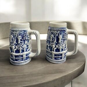 VTG Set of 2 Blue & White Ceramic Beer Steins Embossed Clydesdale Horses -Brazil